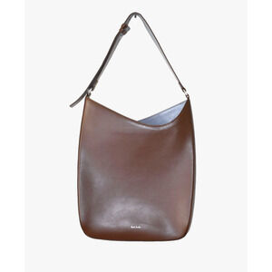 B0 Auth PAUL SMITH Brown Cow Leather Asymmetric Curved Design Tote Bag
